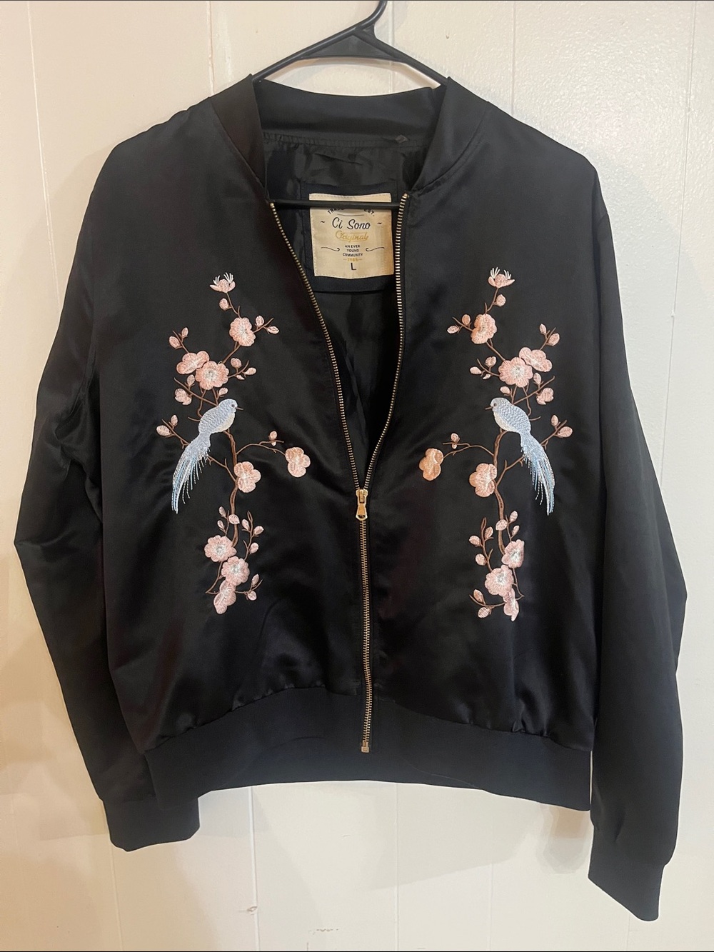 Ci Sono Black Satin Bomber Jacket with Pink Floral & Light Blue Bird Embroidery